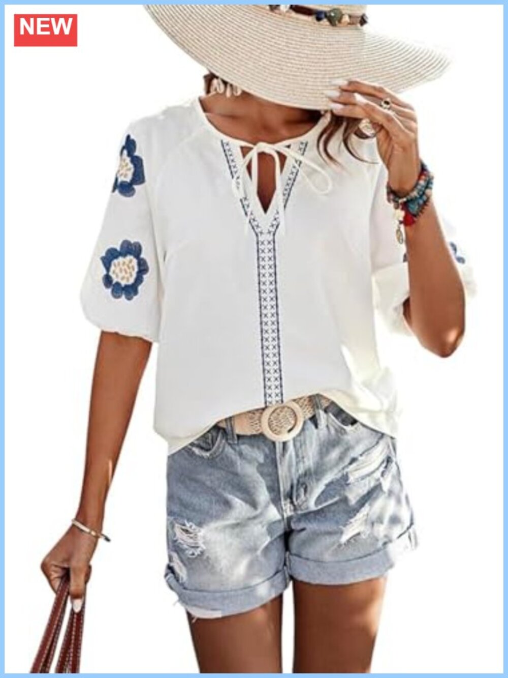 Mexican Embroidered Peasant Blouse Bow Tie V Neck Short Puff Sleeve Summer Top